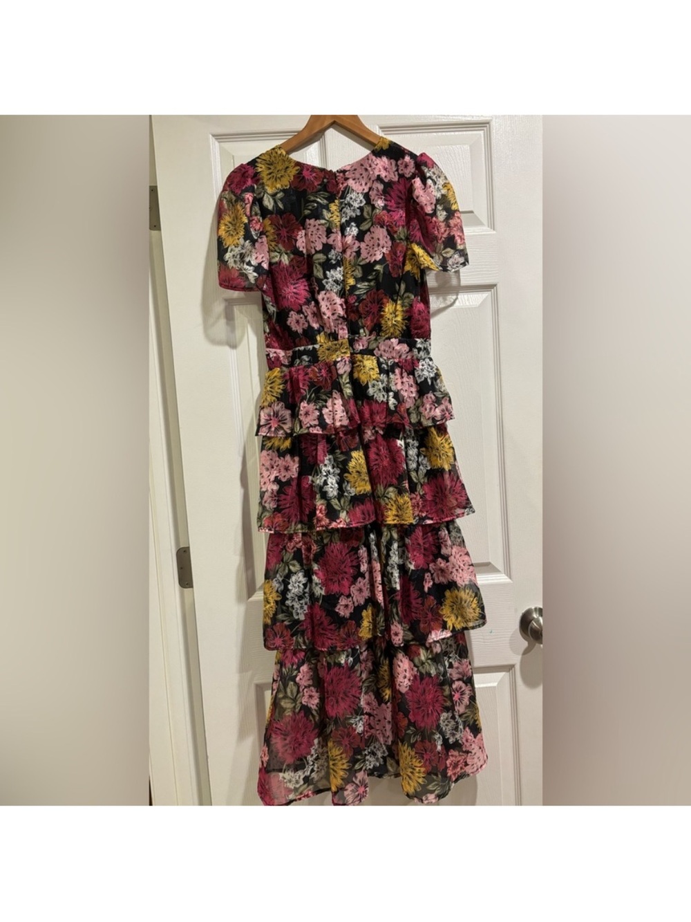 Adelyn Rae Black Floral Tiered V-Neck Maxi Dress with Pink and Yellow Blooms - Picture 3 of 6